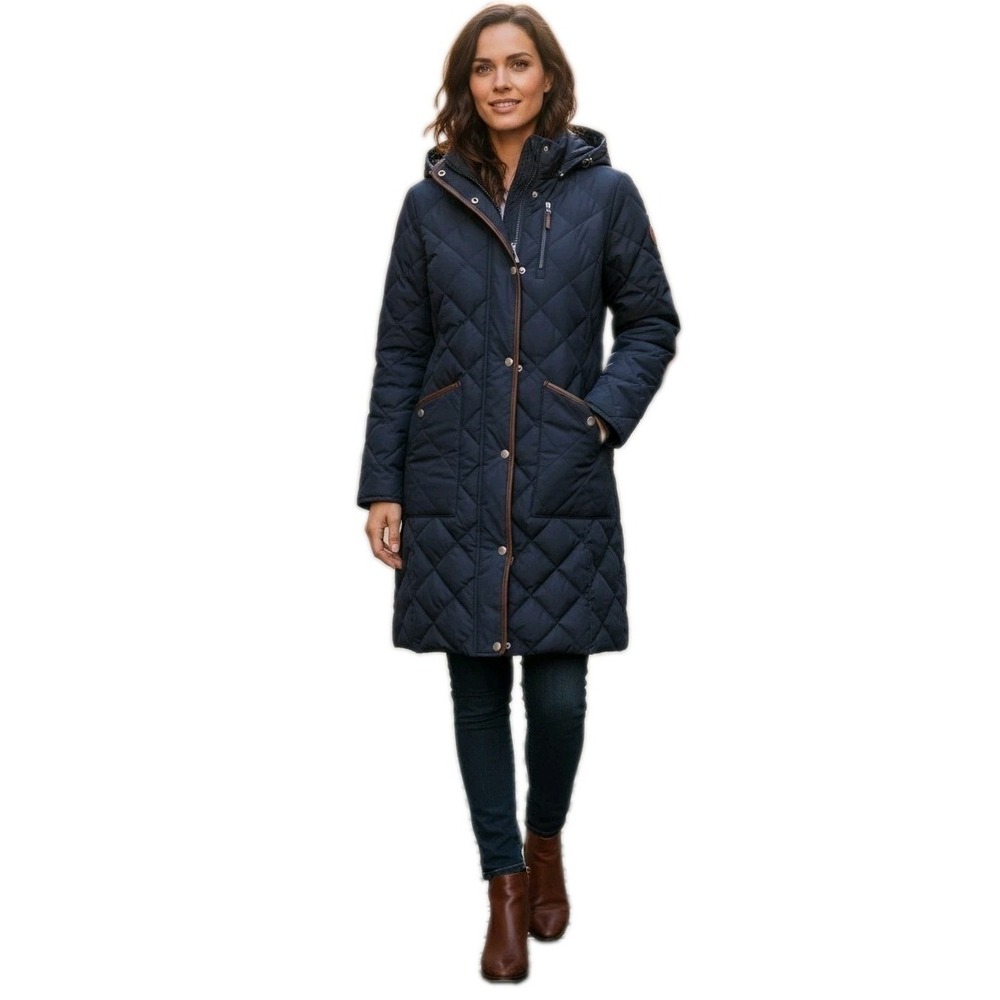 Lauren Ralph Lauren Quilted Coat PXS Blue Hooded Suede Trim Preppy Equestrian